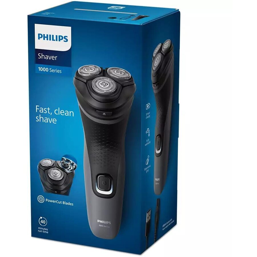 Oferte la Aparat de ras Aparat de ras Philips Shaver Seria 1000 S1142/00, barbierit umed şi uscat, fara fir, capete 4D flexibile, lame autoascutire, 40 min, capac de protectie, Gri inchis