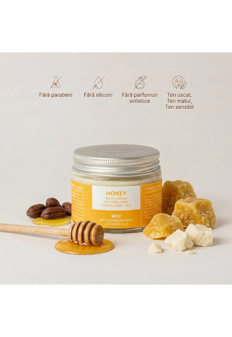 Oferte la Crema de noapte cu Ceara de Albine si Vitamine A si E - 50g - pentru ten uscat - matur si sensibil - fara parabeni si siliconi - hidratare intensa - regenerare celulara - efect anti-aging