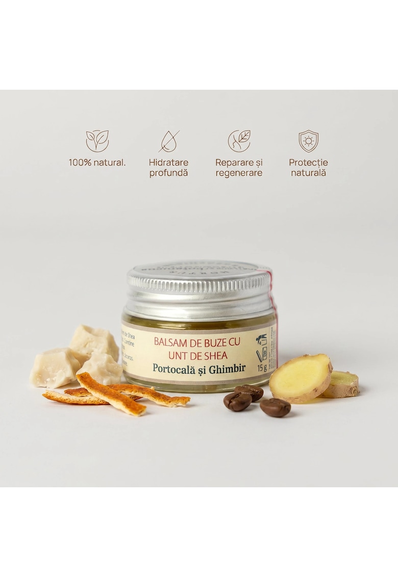 Oferte la Balsam de buze cu unt de Shea - Portocala si Ghimbir  100 % natural - pentru buze uscate si crapate - hidratare si hranire profunda - formulat din unturi - uleiuri si extracte botanice