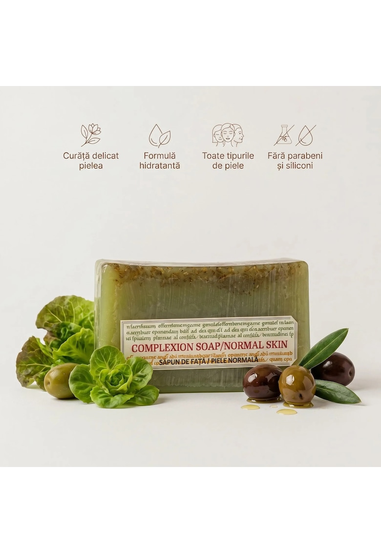 Oferte la Sapun natural de fata cu Ulei de Masline - 150 g - fara parabeni si siliconi - pentru ten normal - cu Salata Verde si ulei de Masline - ofera o curatare delicata si hidratare intensa