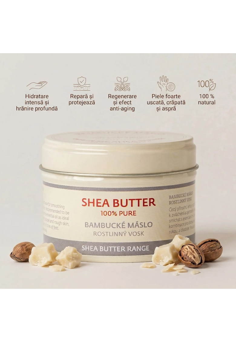Oferte la Unt de Shea Pur  100% natural - tratament pentru pielea uscata - aspra si crapata - in special pentru maini si talpi - repara si protejeaza - hidratare intensa si hranire profunda - 70 gr