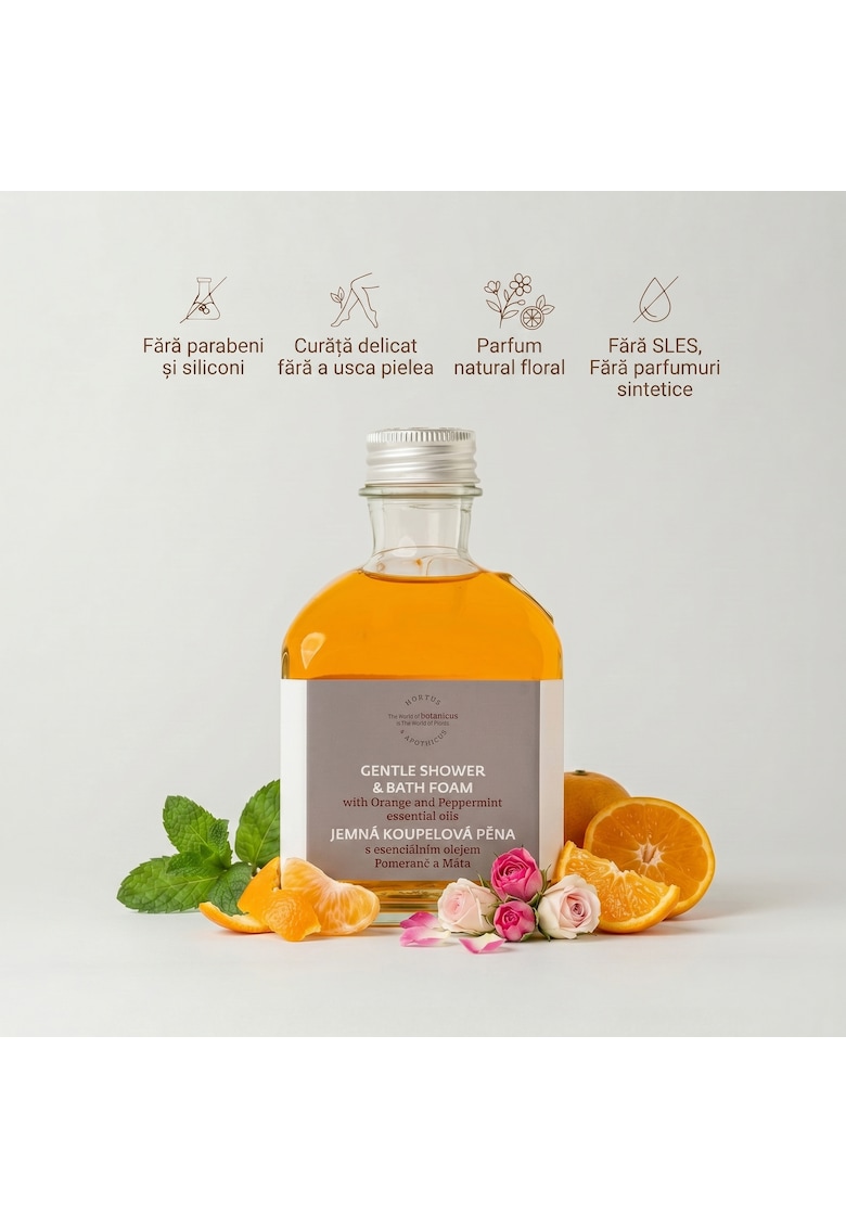 Oferte la Spuma de dus si baie cu ulei esential de Portocala si Menta -  195 ml - nu contin SLS si SLES - parfumuri sintetice sau coloranti artificiali