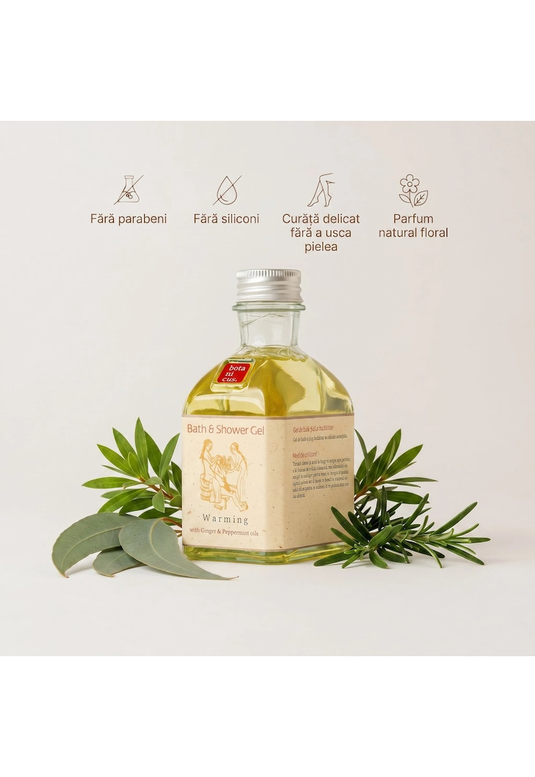 Oferte la Gel de dus Incalzitor  195 ml - formula cu ingrediente botanice - fara parabeni - siliconi - coloranti sau parfumuri sintetice - cu uleiuri esentiale de Ghimbir - Menta - Rozmarin - Ecualipt