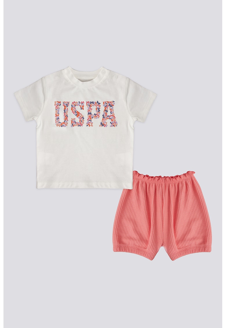 Oferte la Set de pantaloni scurti si tricou cu imprimeu - 2 piese - Alb/Coral/Albastru