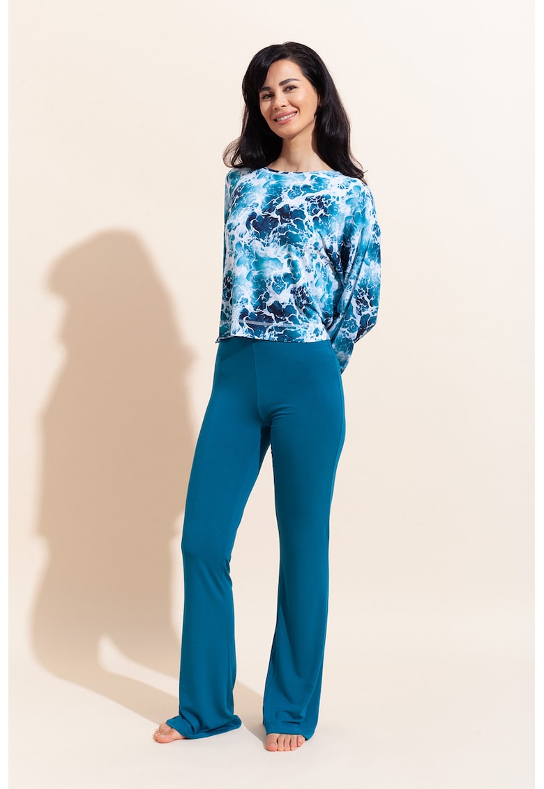 Oferte la Bluza de pijama din amestec de modal si colanti evazati Aria - Alb/Albastru petrol