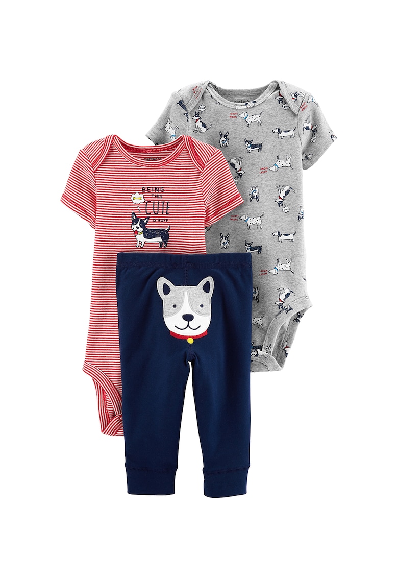 Oferte la Set de body-uri cu imprimeu si pantaloni - 3 piese - Rosu/Bleumarin