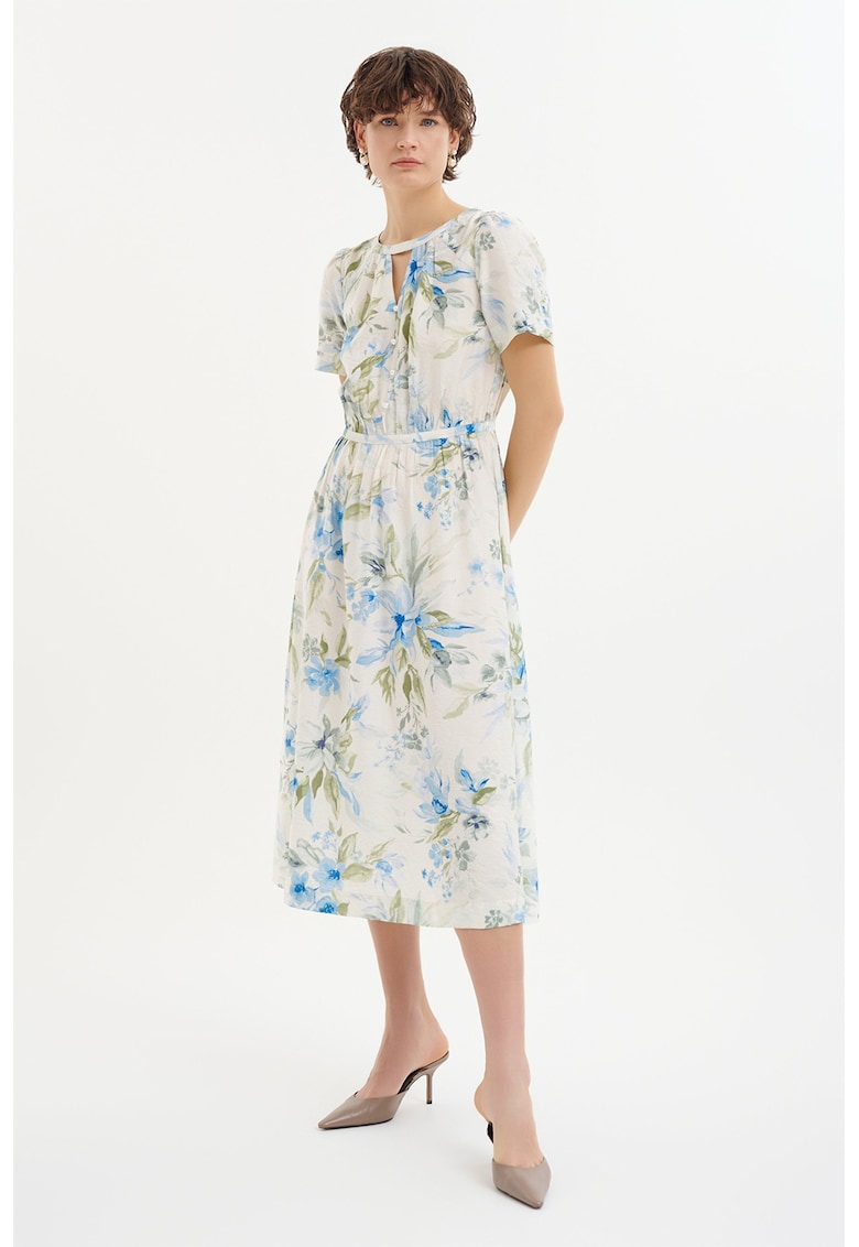 Oferte la Rochie midi cu croiala in A si model floral - Albastru pastel/Verde deschis/Alb murdar