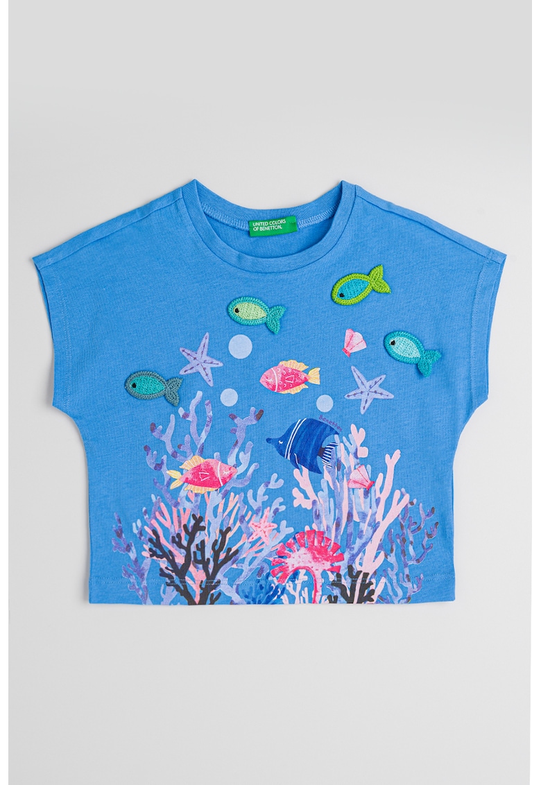 Oferte la Tricou de bumbac cu detalii crosetate - Verde/Albastru prafuit/Roz