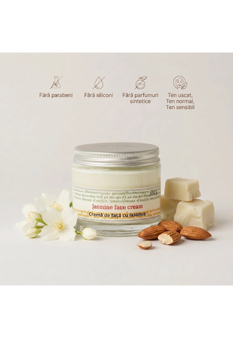Oferte la Crema de fata naturala cu Iasomie - 100g - fara parabeni si siliconi - pentru ten normal - uscat si sensibil - hidrateaza intens si calmeaza pielea - textura usoara - absorbtie rapida