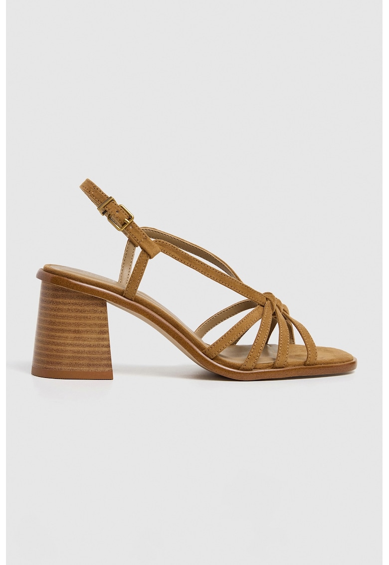 Oferte la Sandale cu barete multiple si toc masiv - Caramel