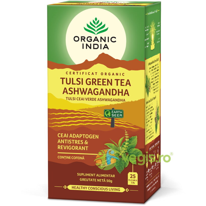 Oferte la Ceai Tulsi (Busuioc Sfant) Adaptogen si Revigorant cu Ceai Verde si Ashwagandha Ecologic/Bio 25dz