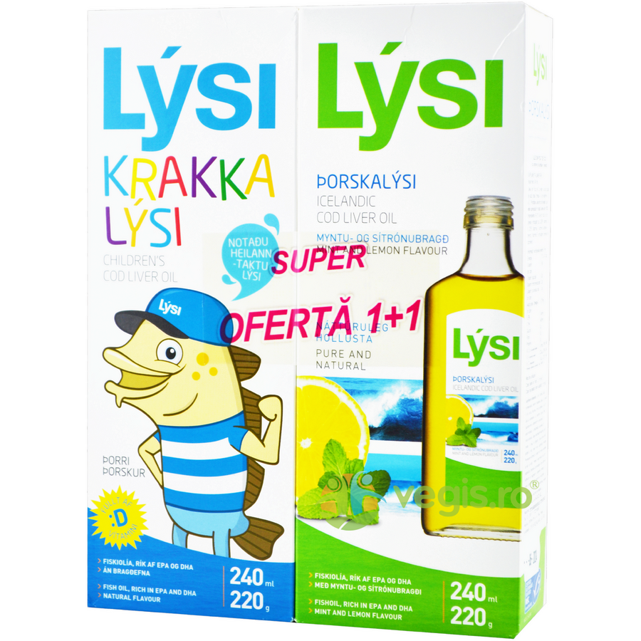 Oferte la Pachet Ulei din Ficat de Cod pentru Copii 240ml + Ulei din Ficat de Cod cu Aroma de Menta si Lamaie 240ml