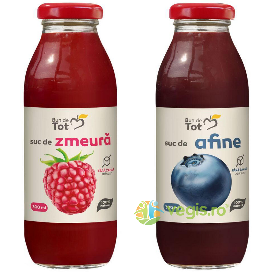 Oferte la Pachet Suc de Zmeura fara Zahar Adaugat 300ml + Suc de Afine fara Zahar Adaugat 300ml