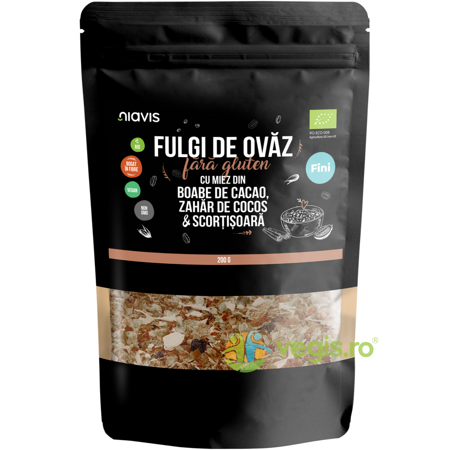 Oferte la Fulgi de Ovaz Fini fara Gluten cu Miez din Boabe de Cacao, Zahar de Cocos si Scortisoara Ecologici/Bio 200g