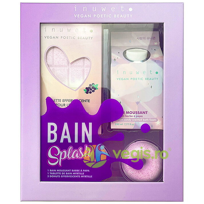 Oferte la Set Cadou Blueberry Splash Bath: Spuma de Baie 230ml +  Tableta pentru Baie Efervescenta 230g + Mini Gogosi Efervescente 2x30g + Cutie Cadou Gourmet