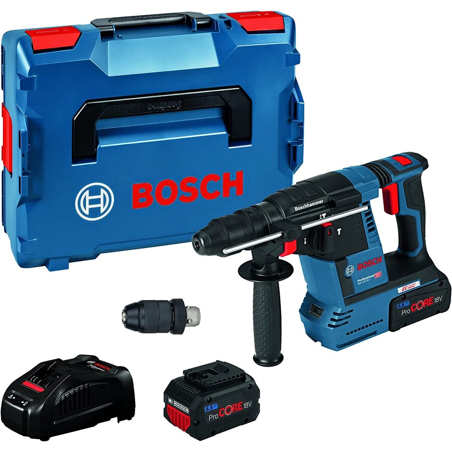 Oferte la Bosch cordless hammer drill GBH 18V-26 F Professional, 18V (blue/black, 2x battery ProCORE18V 5.5Ah, L-BOXX, dust extraction)