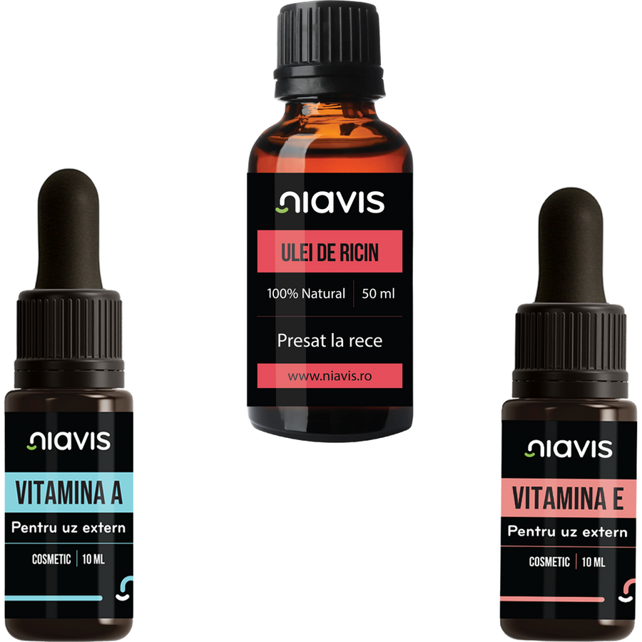 Oferte la Pachet Ulei de Ricin Presat la Rece 50ml + Vitamina E 10ml + Vitamina A 10ml