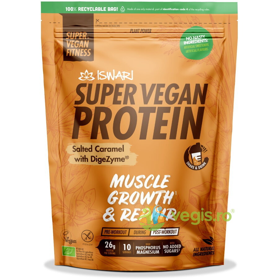 Oferte la Proteina Super Vegan Potrivita dupa Efort cu Caramel Sarat fara Gluten Ecologica/Bio 400g