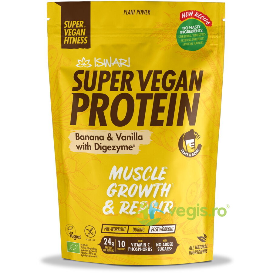 Oferte la Proteina Super Vegan Potrivita dupa Efort cu Banane si Vanilie cu DigeZyme fara Gluten Ecologica/Bio 400g