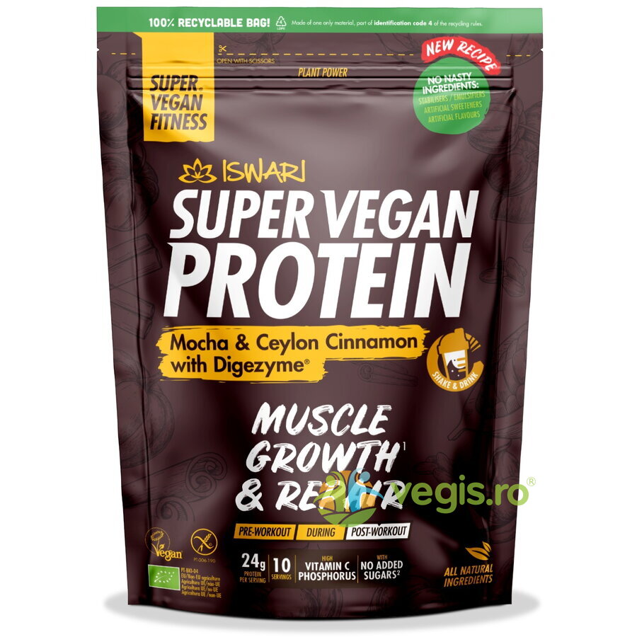 Oferte la Proteina Super Vegan Potrivita dupa Efort cu Mocha si Scortisoara de Ceylon cu DigeZyme fara Gluten Ecologica/Bio 400g