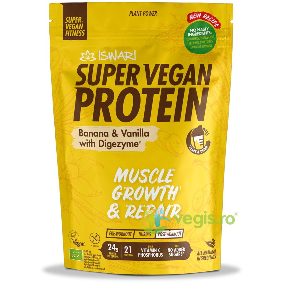 Oferte la Proteina Super Vegan Potrivita dupa Efort cu Banane si Vanilie cu DigeZyme (Format Mediu) fara Gluten Ecologica/Bio 875g