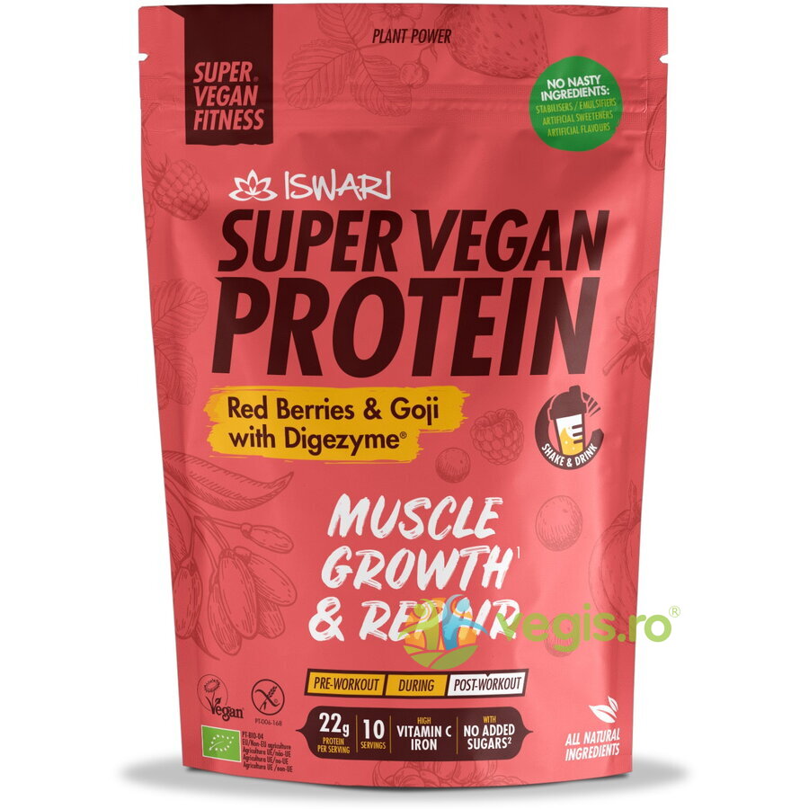 Oferte la Proteina Super Vegan Potrivita dupa Efort cu Fructe Rosii si Goji cu DigeZyme (Format Mediu) fara Gluten Ecologica/Bio 875g