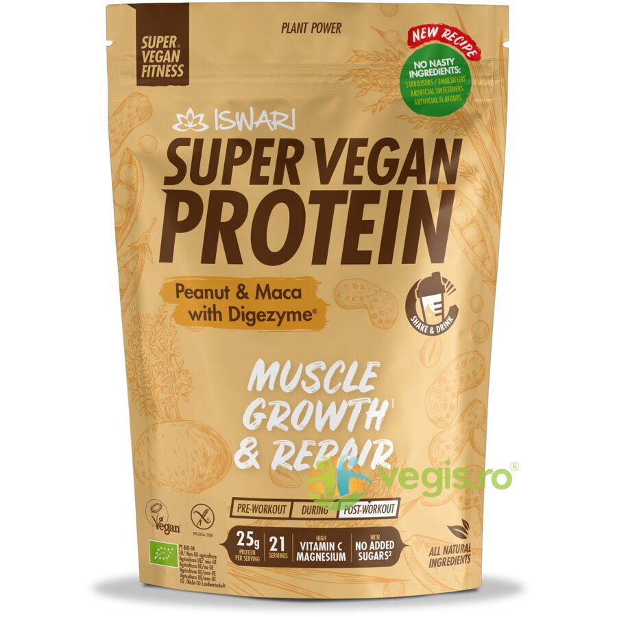 Oferte la Proteina Super Vegan Potrivita dupa Efort cu Arahide si Maca (Format Mediu) fara Gluten Ecologica/Bio 875g