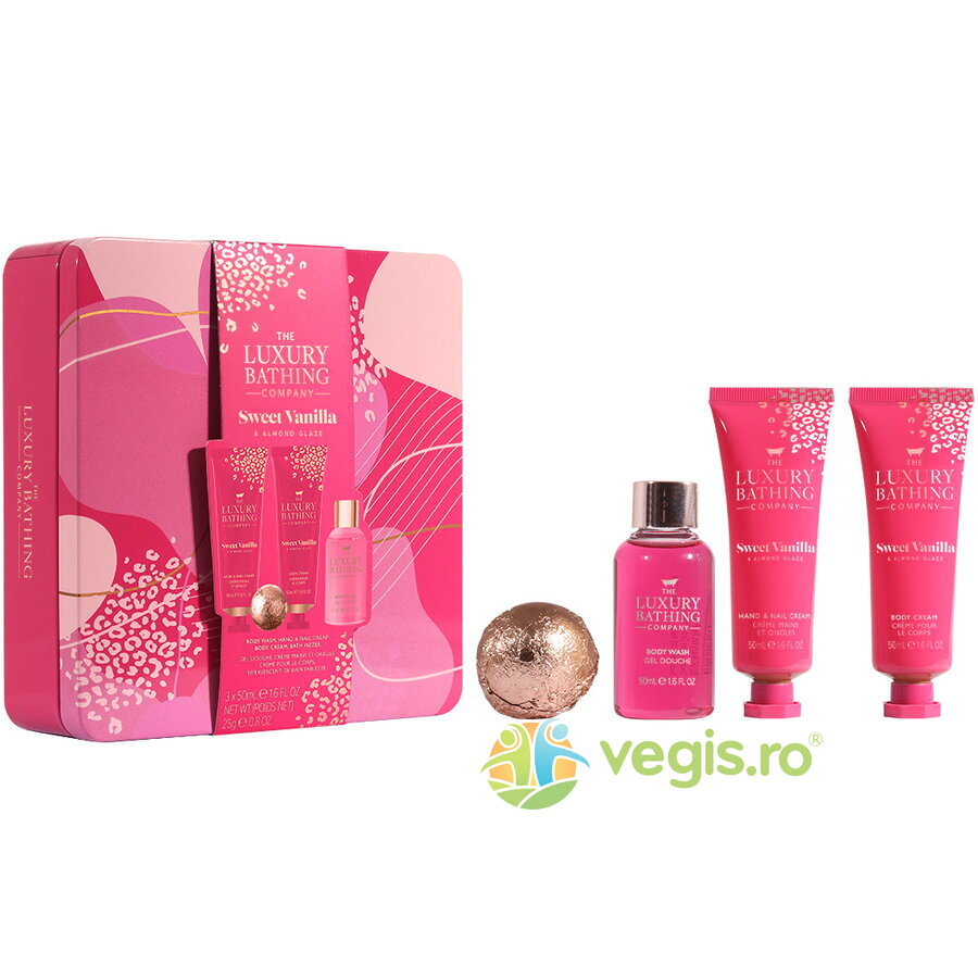 Oferte la Set Cadou Relax&Unwind Sweet Vanilla Almond Glaze Crema Maini si Unghii 50ml + Crema pentru Corp 50ml + Gel de Dus 50ml + Bila de Baie 1buc + Cutie Metalica cu Print si Capac 1buc