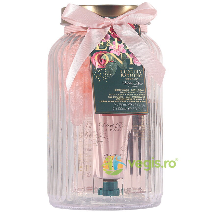 Oferte la Set Cadou Pure Indulgence Gel de Dus 100ml + Spuma de Baie 100ml + Crema pentru Maini si Unghii 50ml + Crema de Corp 50ml + Burete Exfoliant de Corp 1buc + Borcan de Sticla Reutilizabil cu Capac 1buc