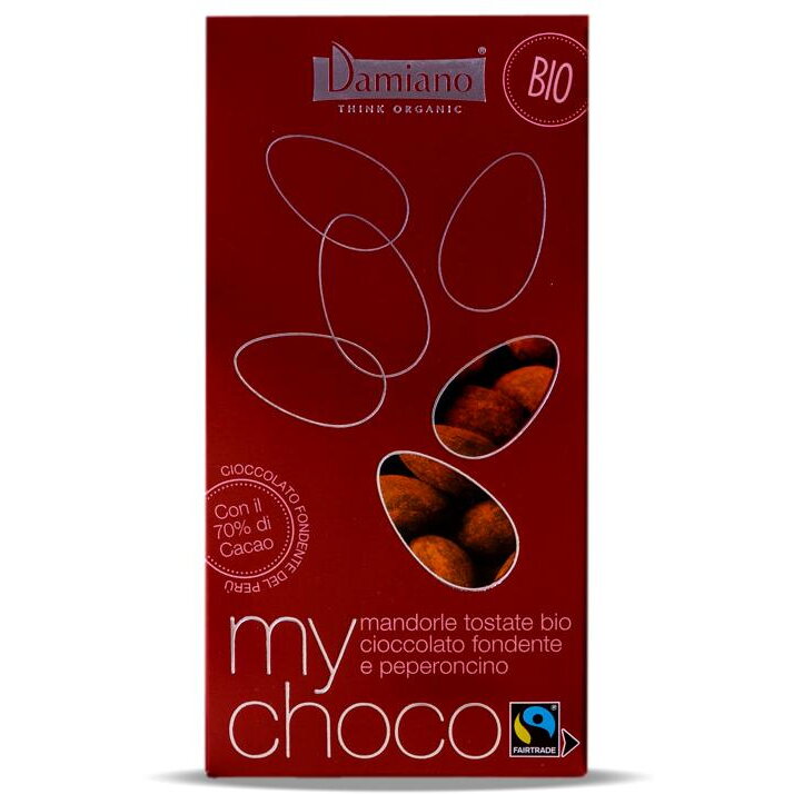 Oferte la Praline din Migdale Invelite in Ciocolata Neagra cu Chili Ecologice/Bio 100g