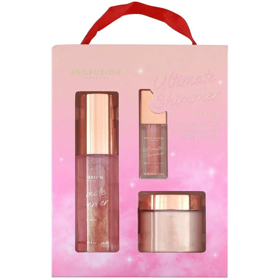 Oferte la Set Cadou Ultimate Shimmer Spray de Corp Stralucitor 56ml + Unt de Corp 55g + Ulei de Buze Hranitor cu Sclipici 4.4ml