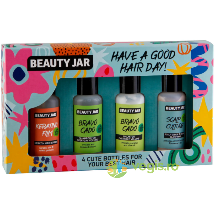 Oferte la Set Travel Size pentru Par Have a Good Hair Day Sampon 80ml + Balsam 80ml + Spray de Protectie 80ml + Scrub pentru Scalp 80ml
