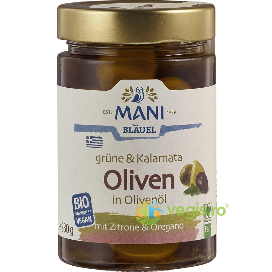 Oferte la Masline Verzi si Kalamata in Ulei cu Lamaie si Oregano Ecologice/Bio 280g