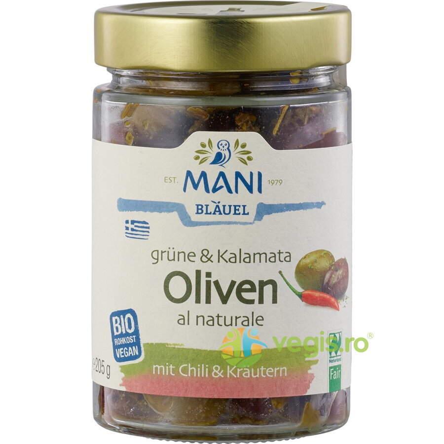 Oferte la Masline Verzi si Kalamata Crude cu Chili si Ierburi Ecologice/Bio 205g