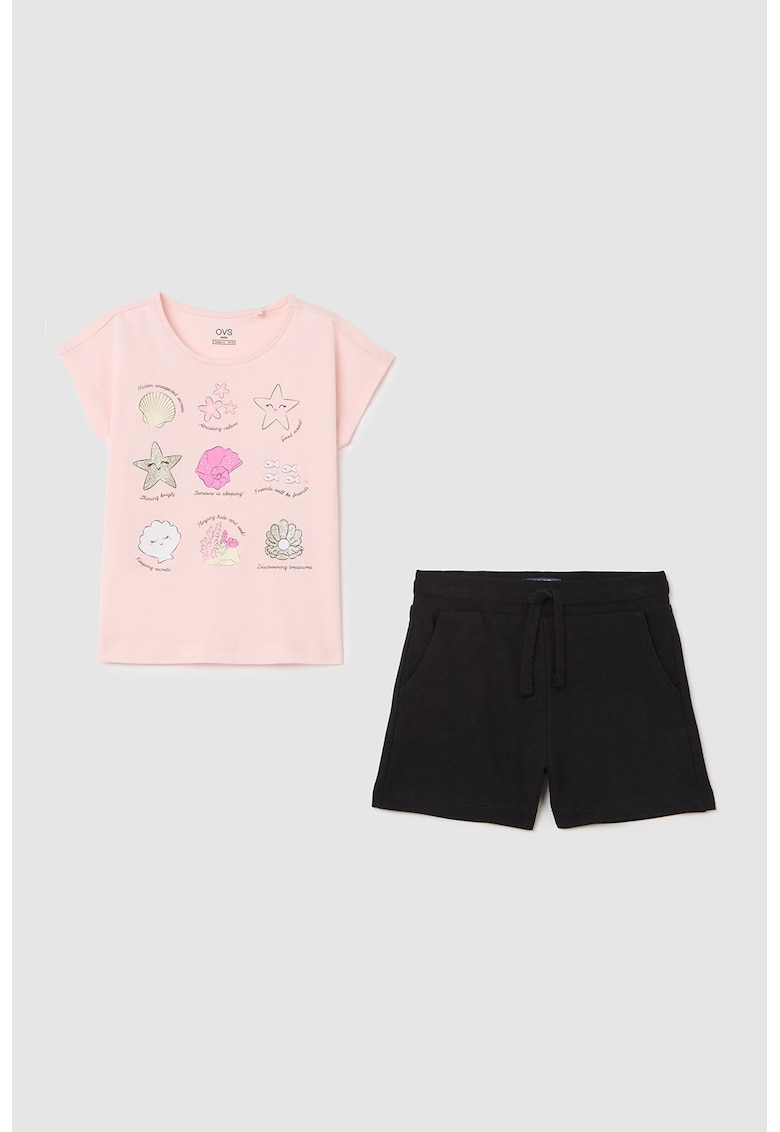 Oferte la Set de pantaloni scurti si tricou din bumbac cu imprimeu - Negru/Roz pal