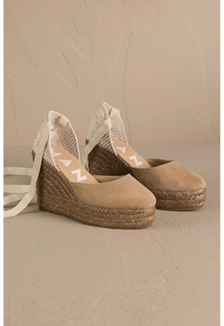 Oferte la Sandale wedge de piele cu bareta infasurabila - Alb fildes/Maro taupe deschis