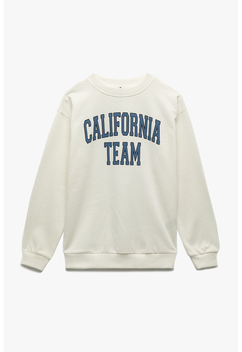 Oferte la Bluza de trening cu decolteu la baza gatului si imprimeu text - Albastru petrol/Crem
