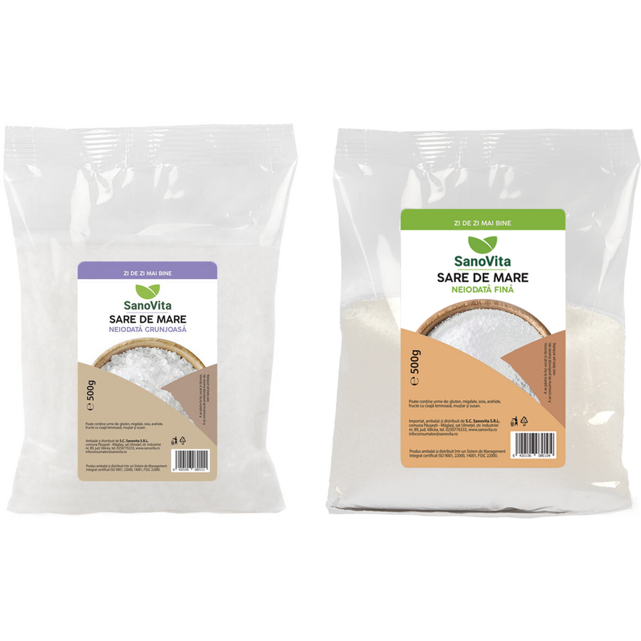 Oferte la Pachet Sare de Mare Fina Neiodata 500g + Sare de Mare Grunjoasa Neiodata 500g