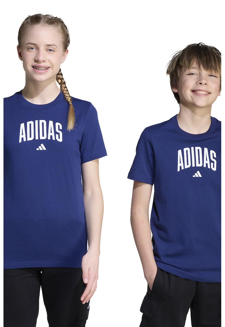 Oferte la Tricou din bumbac cu decolteu la baza gatului si logo - Albastru inchis