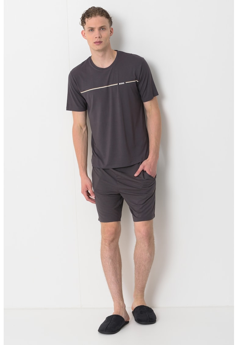 Oferte la Pijama cu pantaloni scurti si logo pe piept - Gri inchis