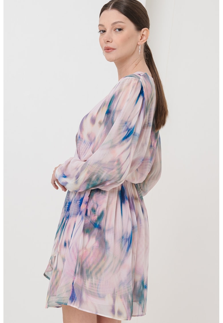 Oferte la Rochie scurta cu croiala in A - model tie-dye si maneci lungi - Verde/Albastru pal