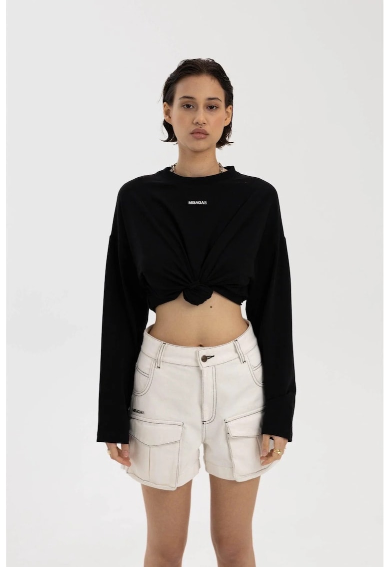 Oferte la Pantaloni scurti din denim cu cusaturi contrastante - Alb murdar