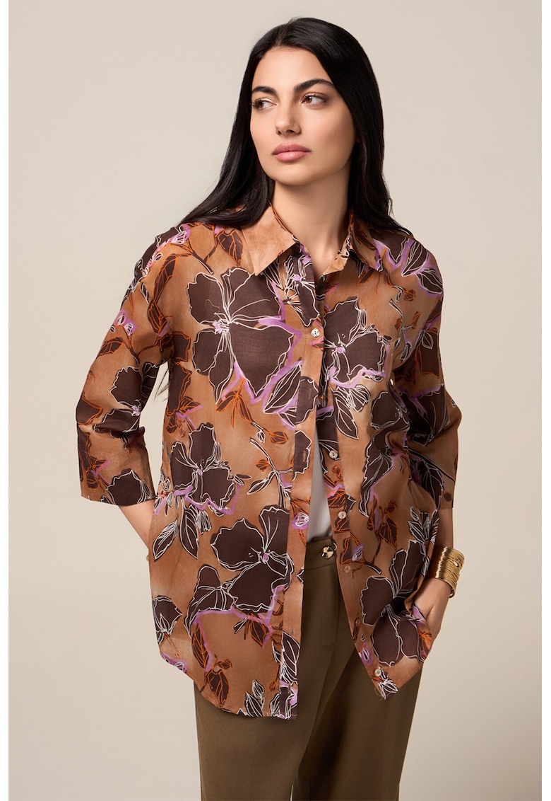 Oferte la Camasa cu model floral si maneci 3/4 - Maro/Lila