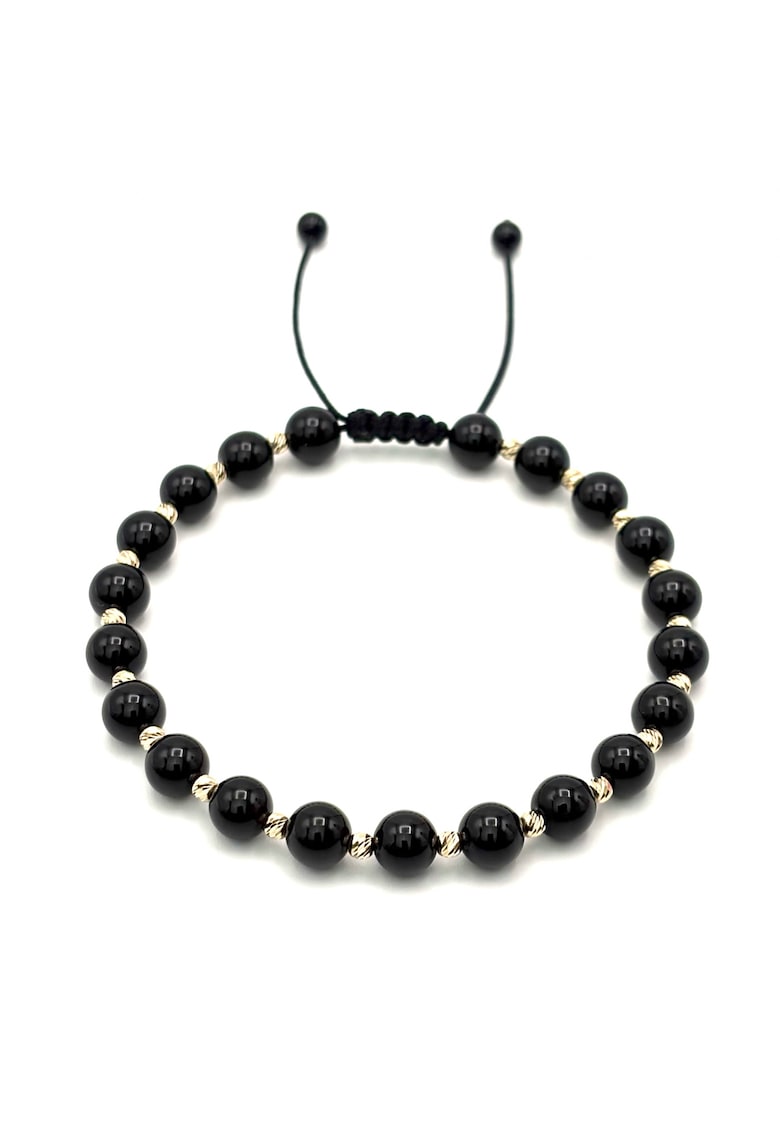 Oferte la Bratara cu 20 bile din AUR 14K si pietre naturale Onix de 6mm - snur reglabil - barbat