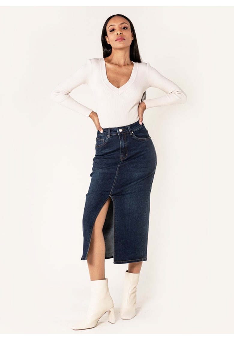 Oferte la Fusta albastru inchis de denim cu slit frontal P215 M10 17921 - Albastru inchis