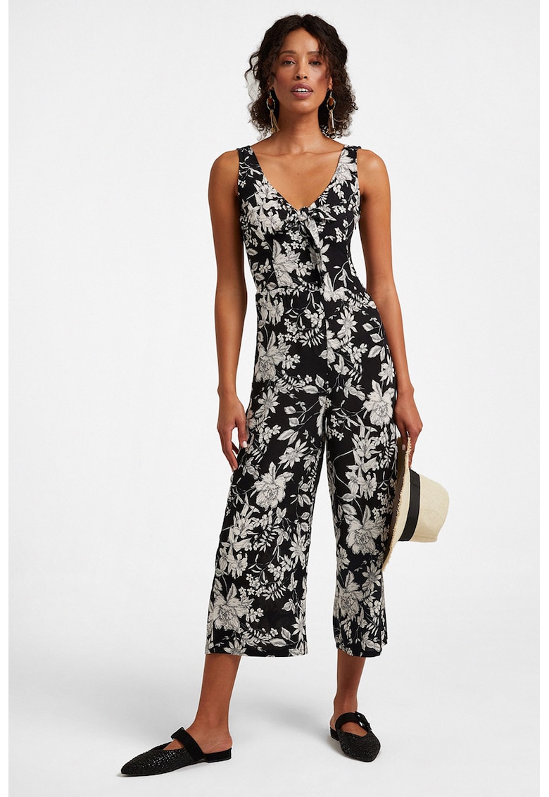 Oferte la Salopeta cu decolteu in V si model floral - Negru/Alb murdar