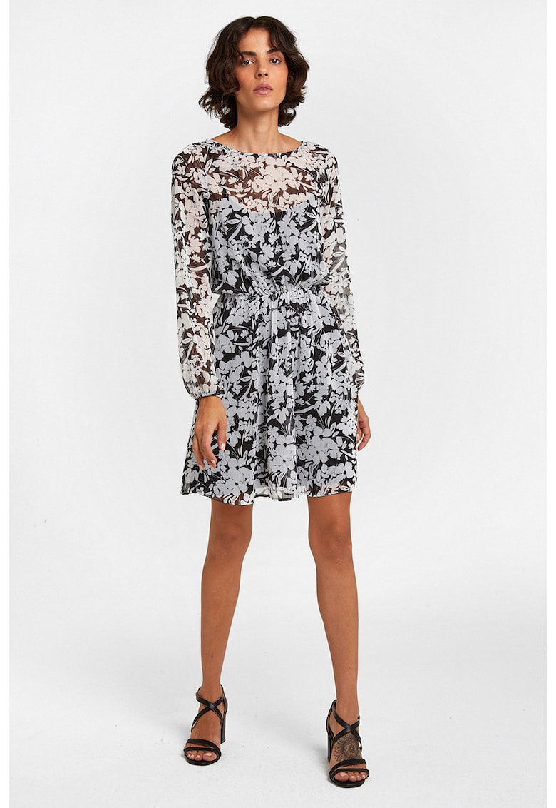 Oferte la Rochie mini cu model floral si maneci semitransparente - Alb/Negru/Transparent