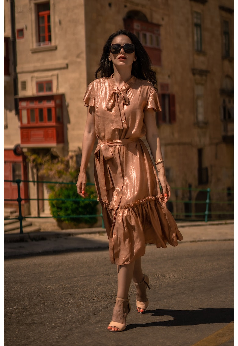 Oferte la Rochie midi stratificata cu funda din panglici - Bronz
