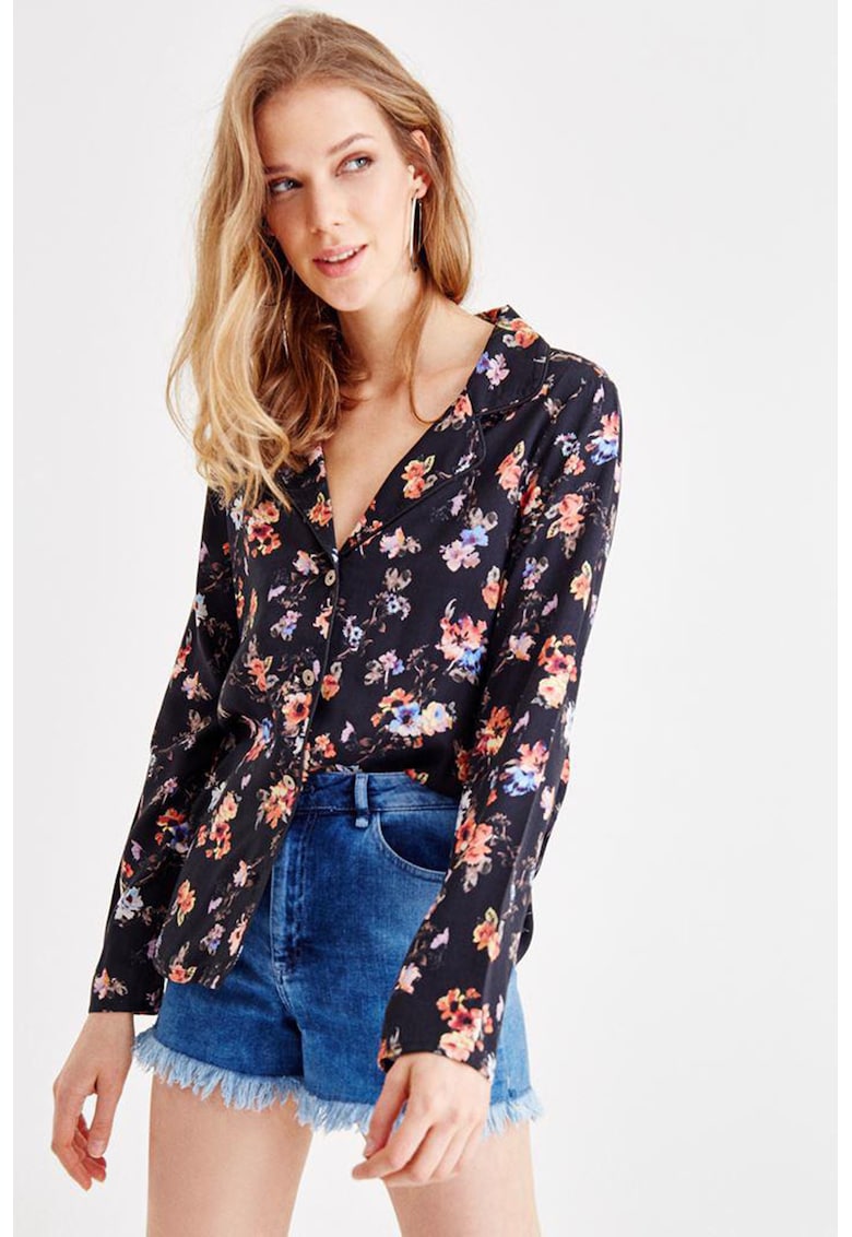 Oferte la Sacou usor cu model floral - Negru/Violet/Roz