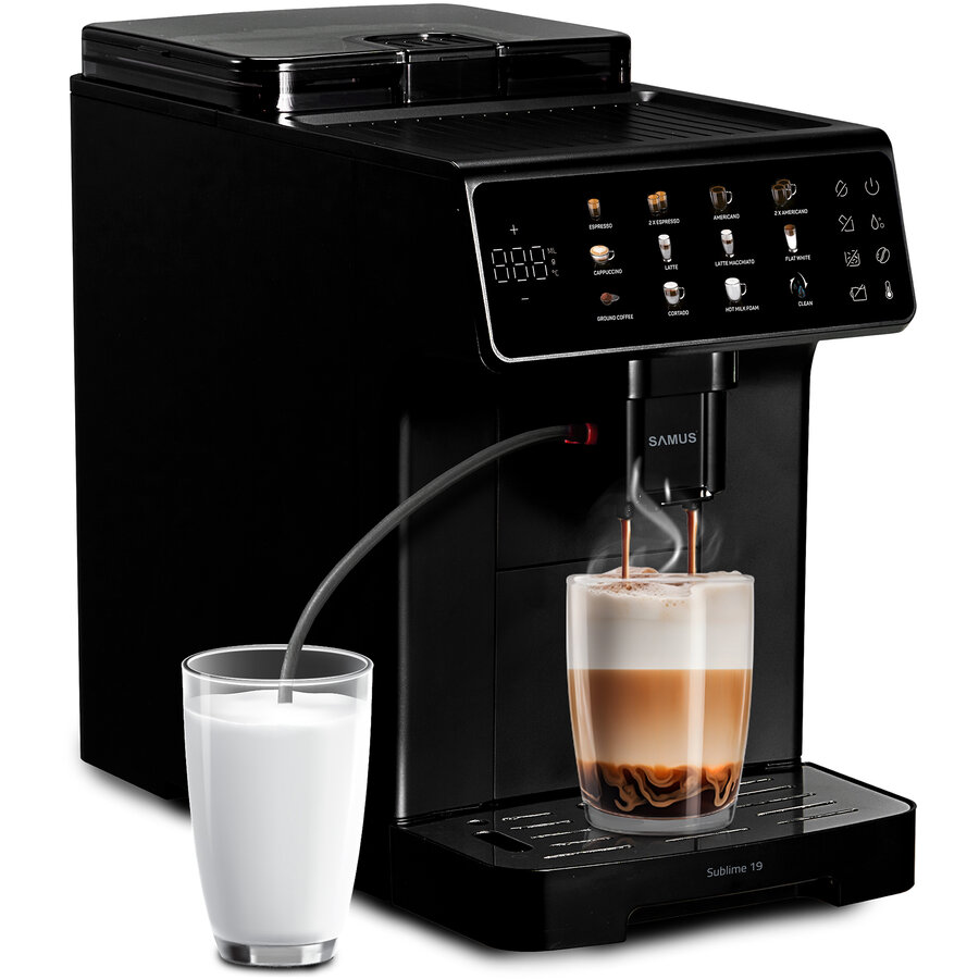 Espressor Automat SUBLIME 19 Ecran IMD 5Inch Rezervor Apa 2L Recipient Boabe Cafea 300G Presiune 19Bar 1400W Negru